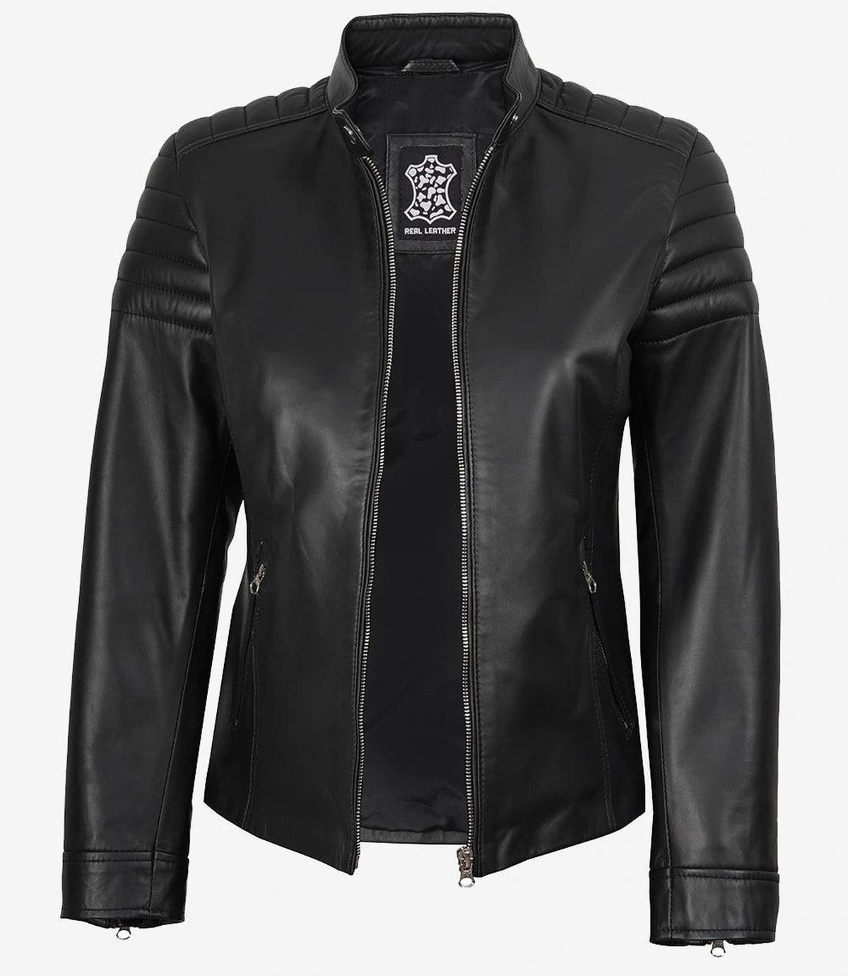 Elegant Black Leather Jacket for Women with Biker Design-Leather Jackets-Glompi-Glompi