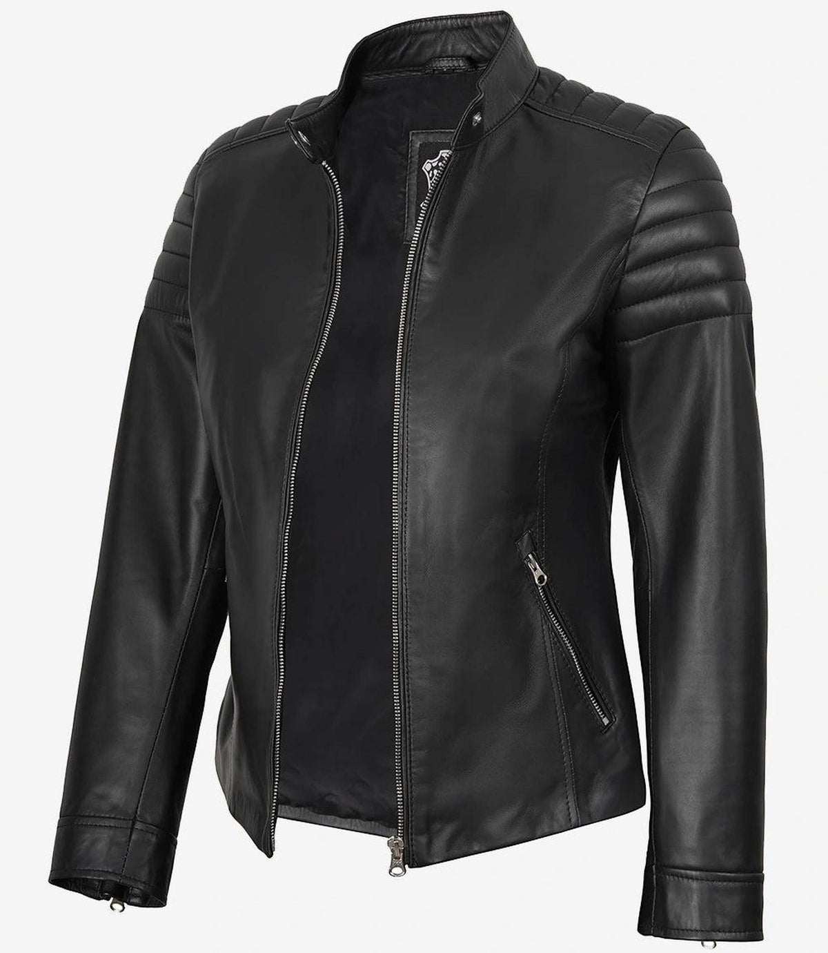 Elegant Black Leather Jacket for Women with Biker Design 2