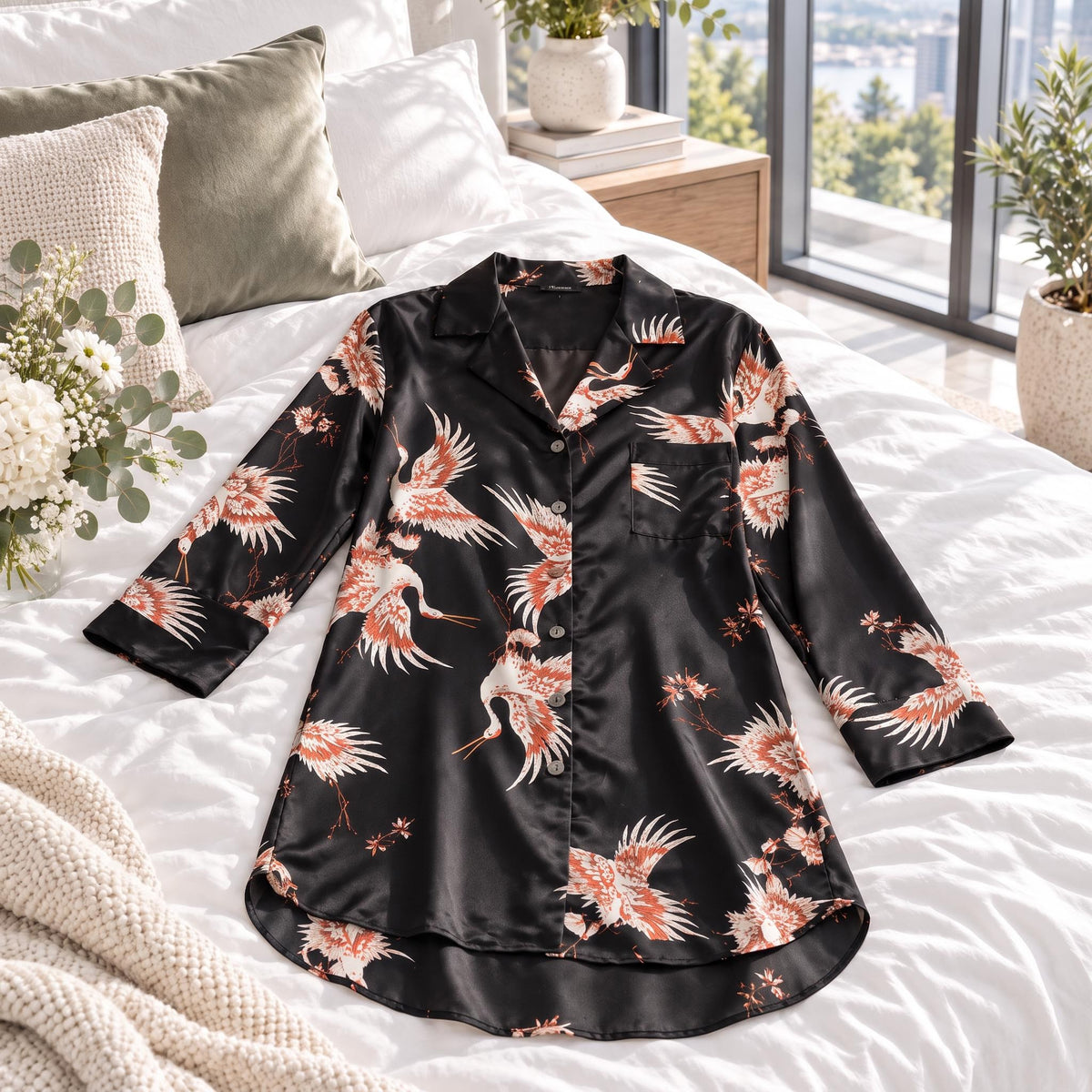 Elegant Crane Print Long Sleeve Sleep Shirt in Mulberry Silk-Women's Sleepwear-Glompi-Glompi