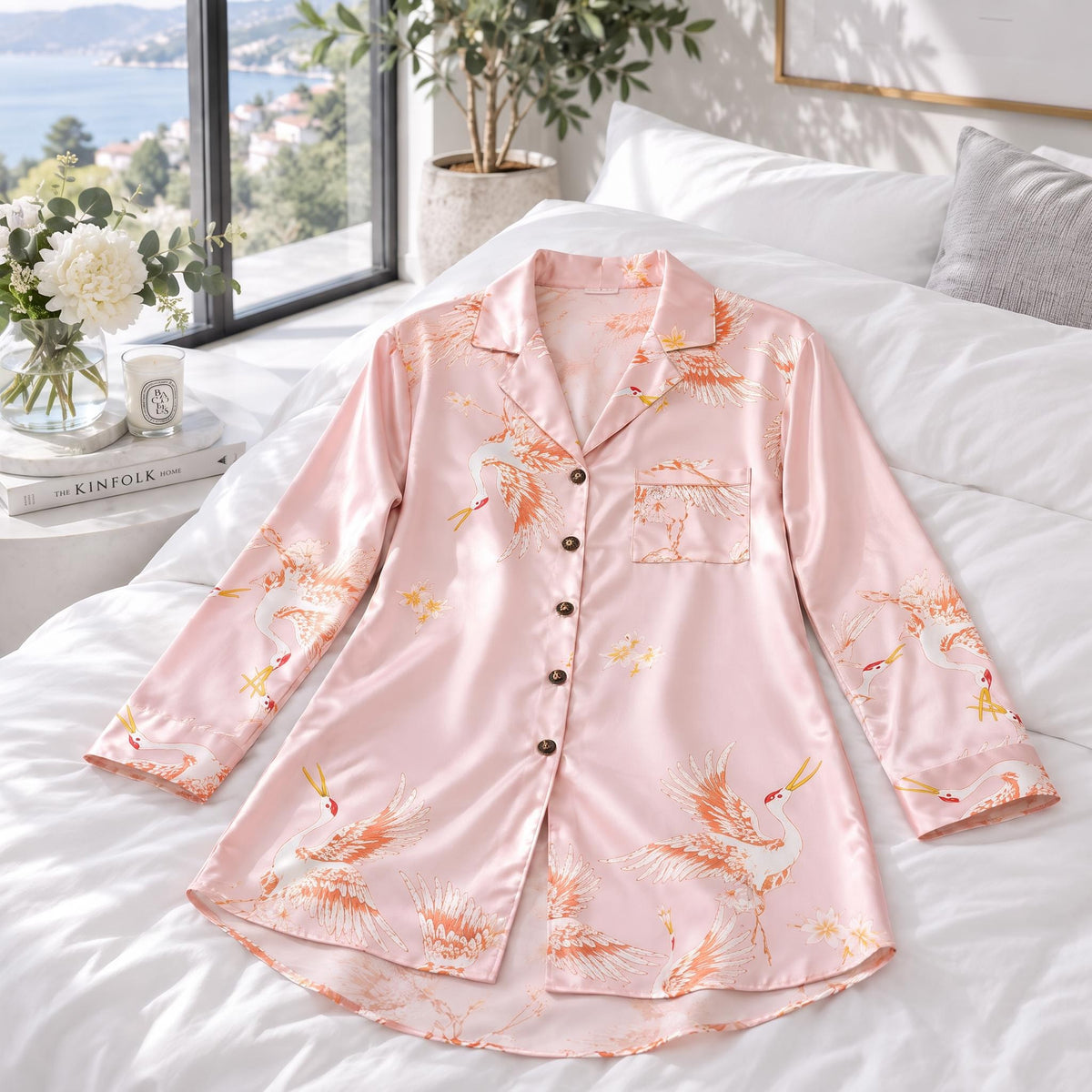 Elegant Crane Print Long Sleeve Sleep Shirt in Mulberry Silk-Women's Sleepwear-Glompi-Glompi