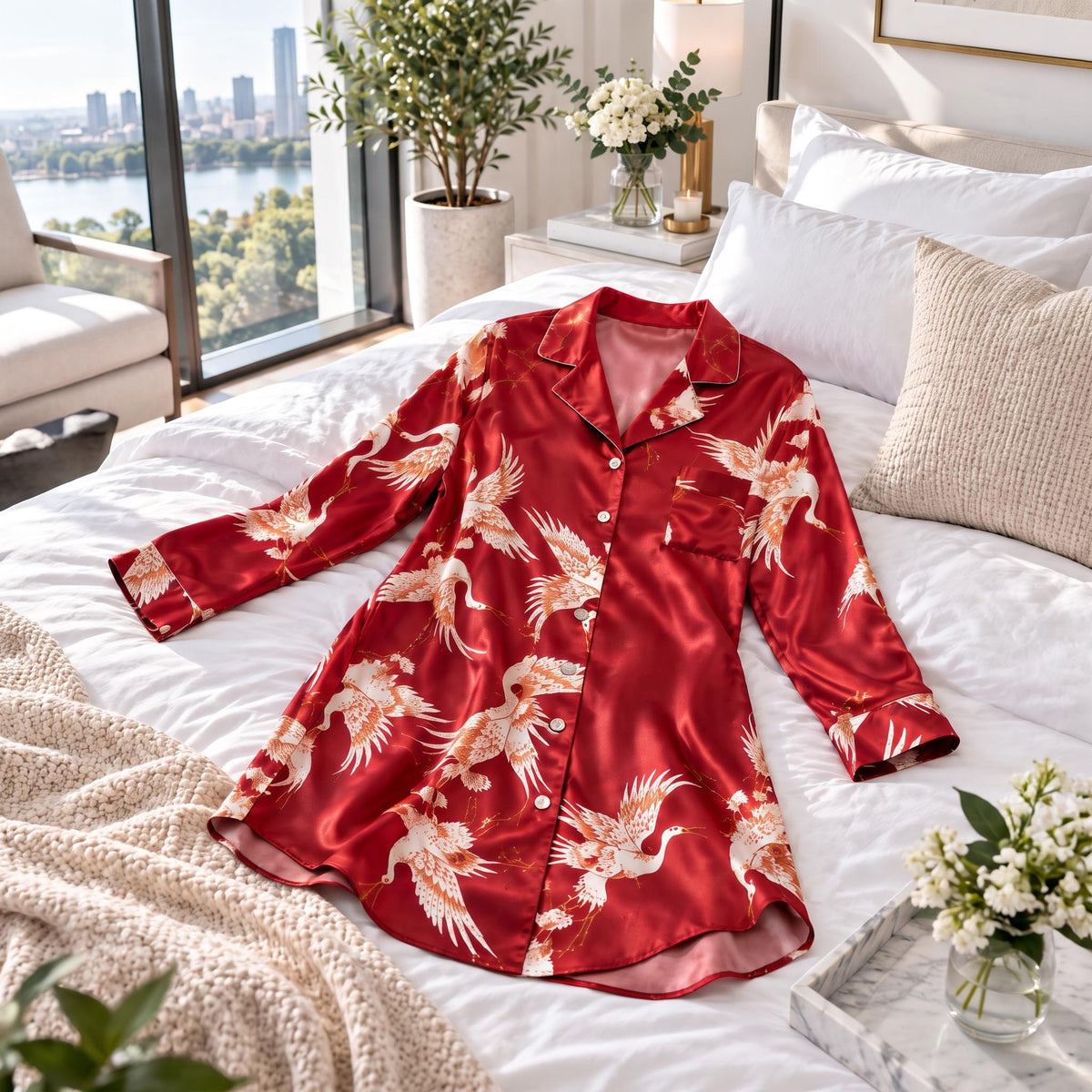 Elegant Crane Print Long Sleeve Sleep Shirt in Mulberry Silk-Women's Sleepwear-Glompi-Glompi