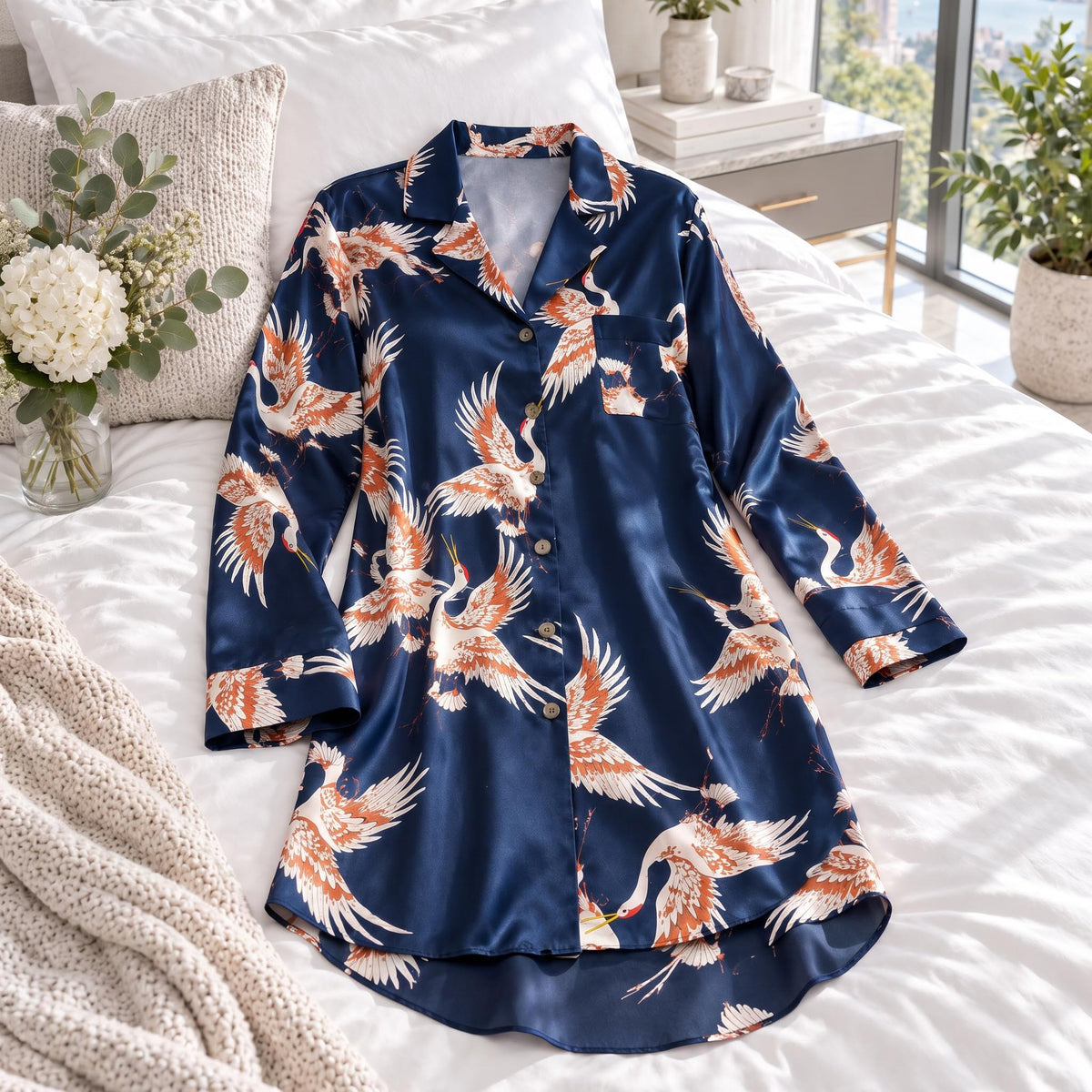 Elegant Crane Print Long Sleeve Sleep Shirt in Mulberry Silk-Women's Sleepwear-Glompi-Glompi