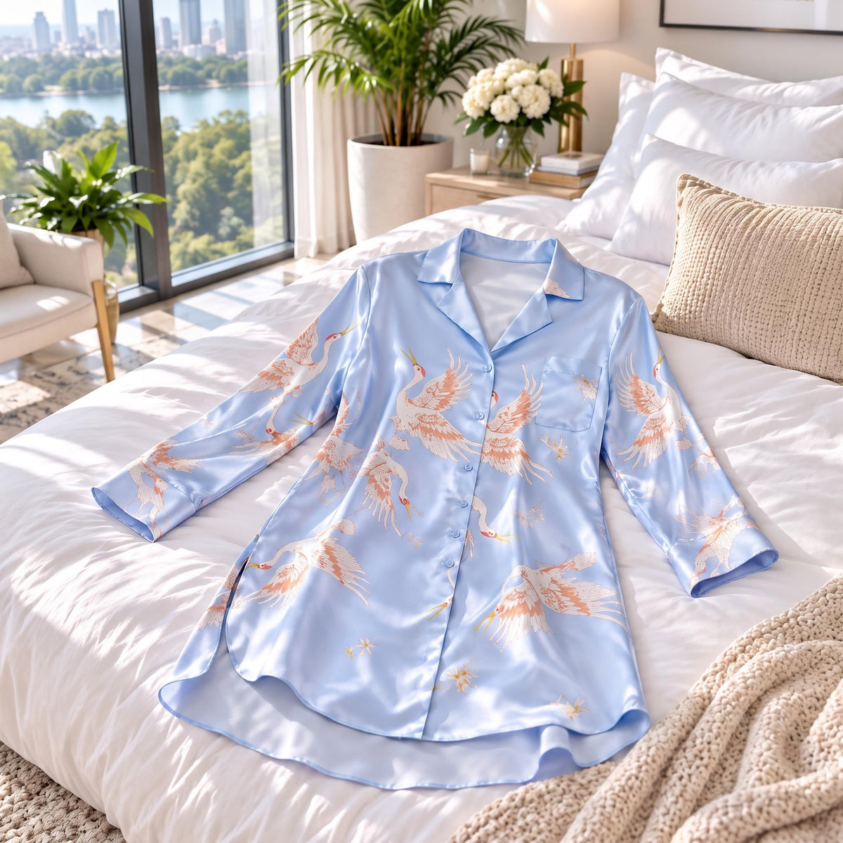 Elegant Crane Print Long Sleeve Sleep Shirt in Mulberry Silk-Women's Sleepwear-Glompi-Glompi