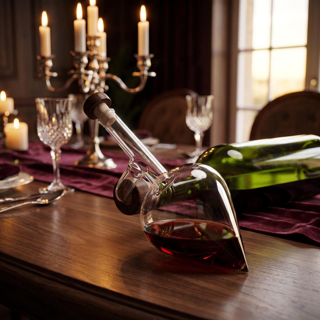 Woman pouring red wine into a glass using a clear, elegant glass aerator pourer attached to a wine bottle.