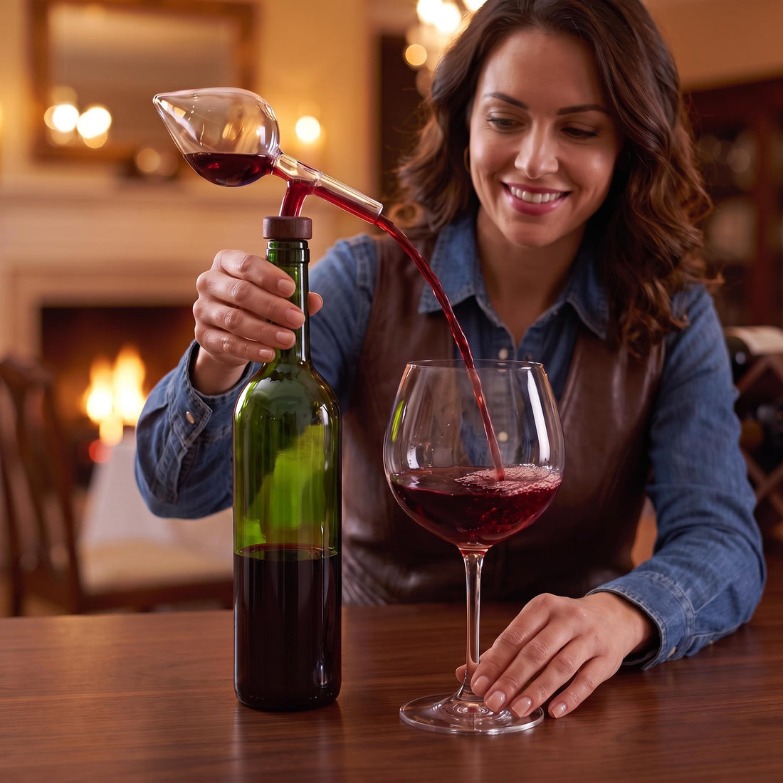 Woman pouring red wine into a glass using a clear, elegant glass aerator pourer attached to a wine bottle.