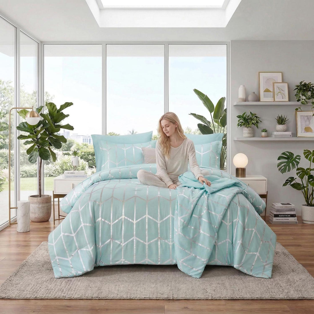 Light blue comforter set with silver geometric foil design, brushed microfiber, on a bed with a woman.