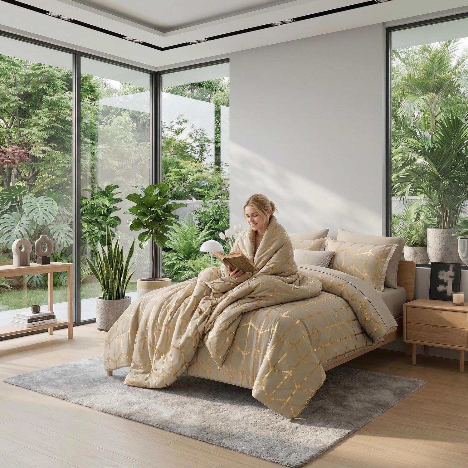 Elegant gold foil geometric comforter set on a bed in a bright bedroom with large windows.