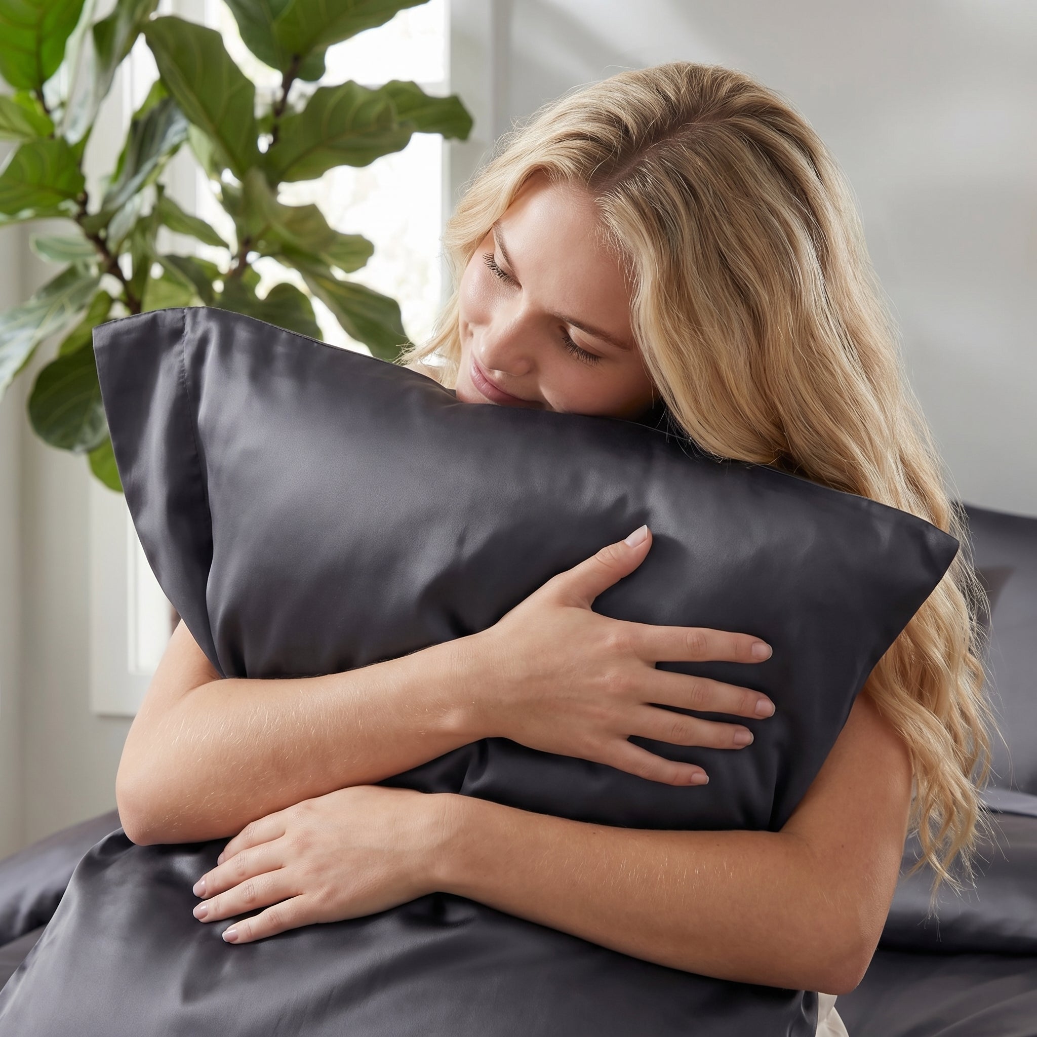 Blonde woman hugging a soft, elegant grey Egyptian cotton sateen pillowcase, highlighting its luxurious feel.