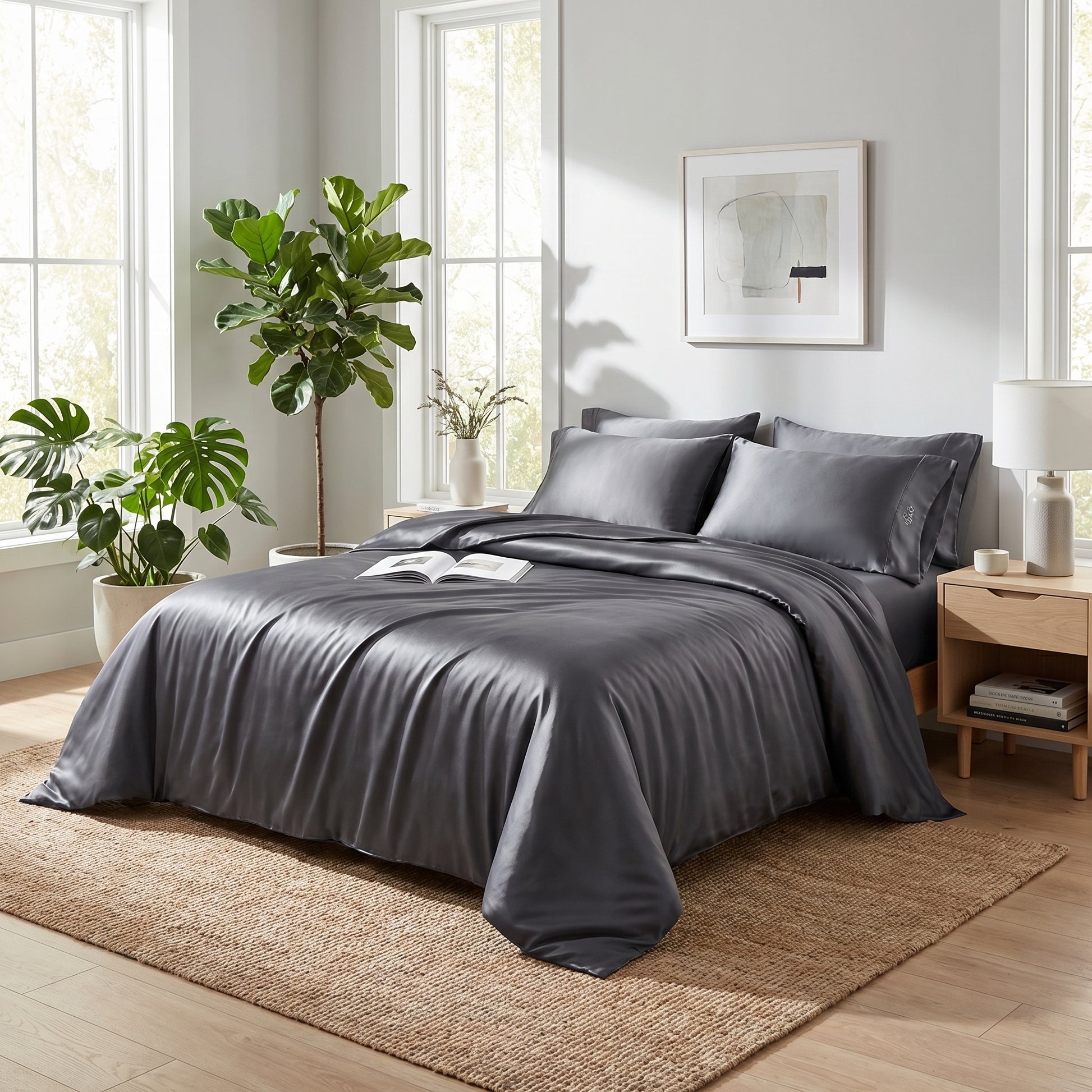 Elegant grey sateen cotton bedding set with duvet cover and pillow shams in a modern bedroom.
