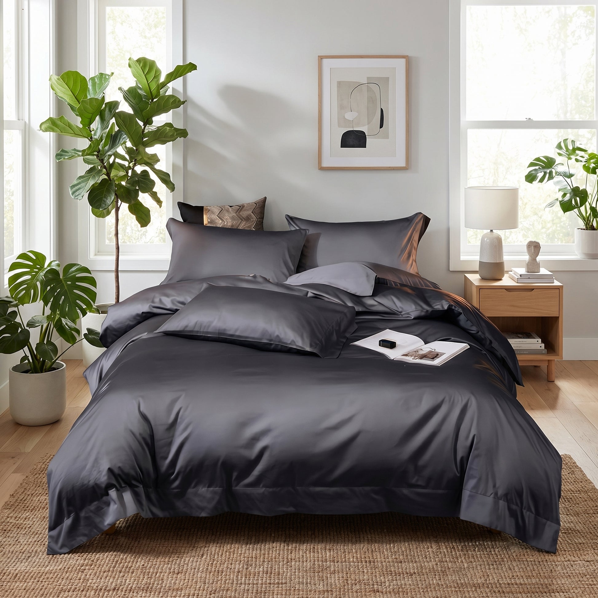 Elegant grey cotton sateen bedding set with duvet cover and pillows on a bed in a modern bedroom.