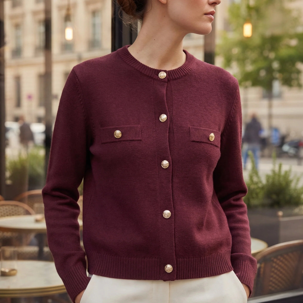 Elegant Knit Women's Cardigan with Gold Buttons and Pockets 2