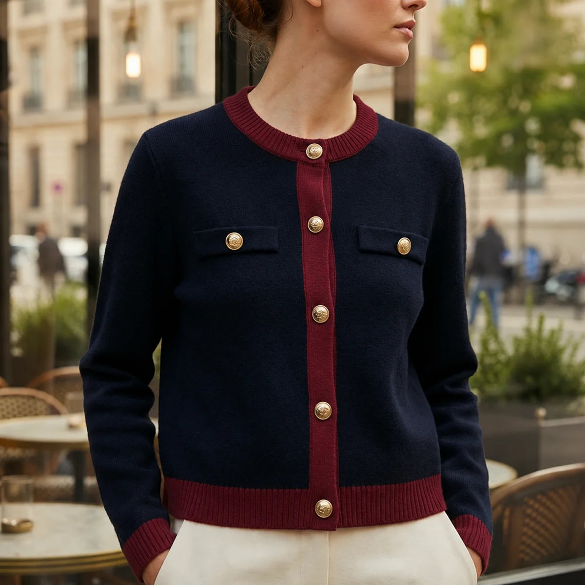 Elegant Knit Women's Cardigan with Gold Buttons and Pockets 4