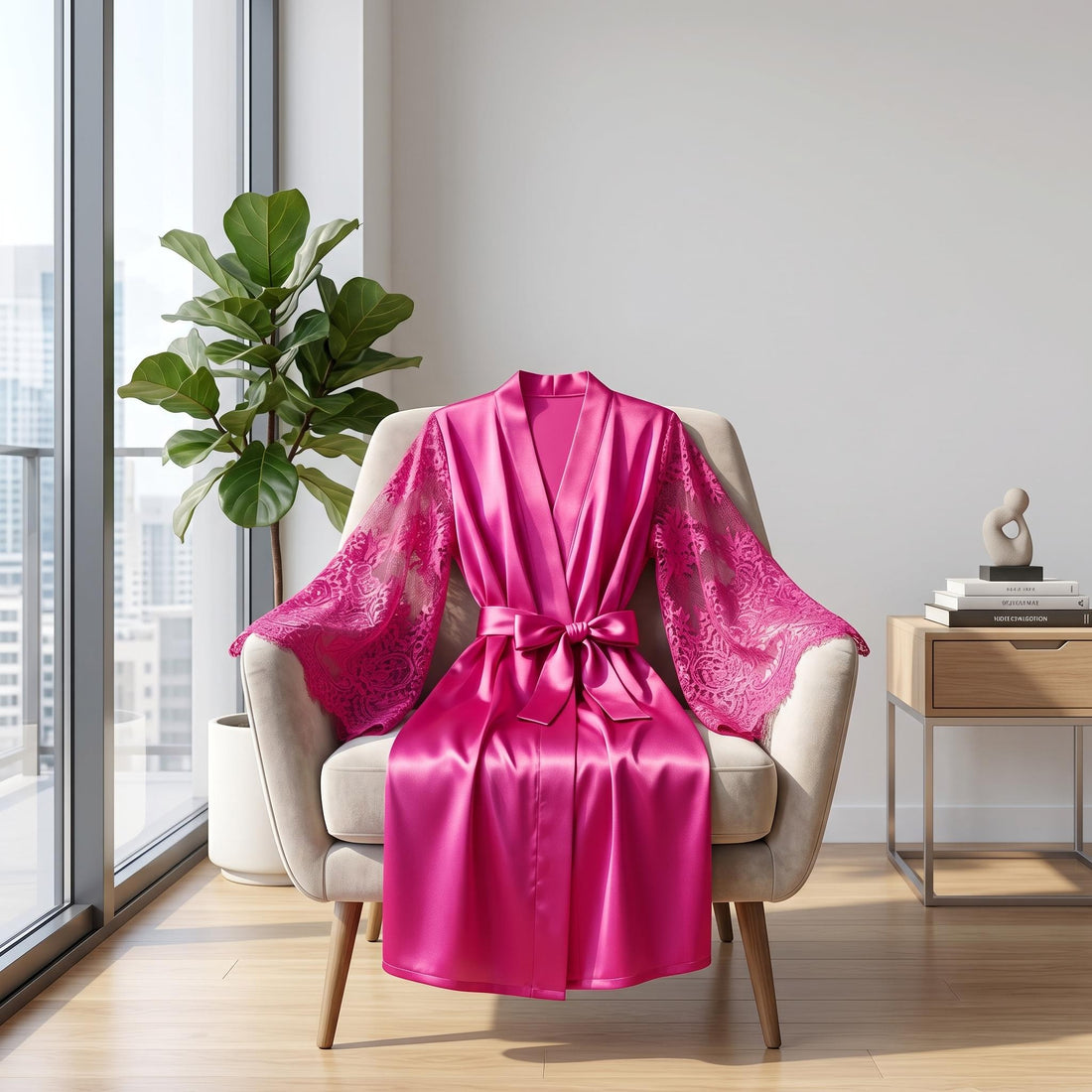 Woman reading in a magenta satin robe with delicate lace sleeves and trim, seated in a chair with a cup of tea.