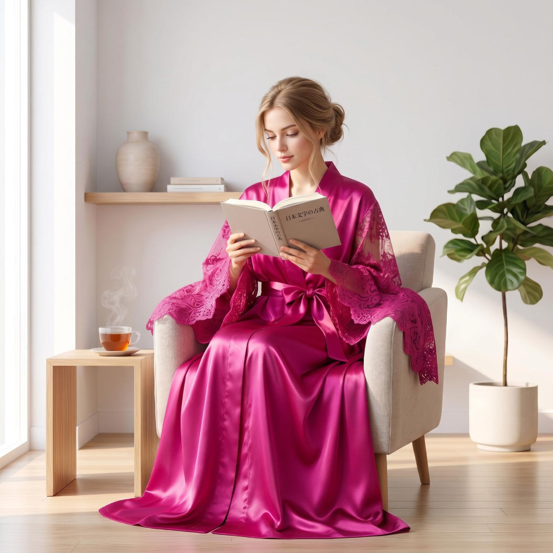 Woman reading in a magenta satin robe with delicate lace sleeves and trim, seated in a chair with a cup of tea.