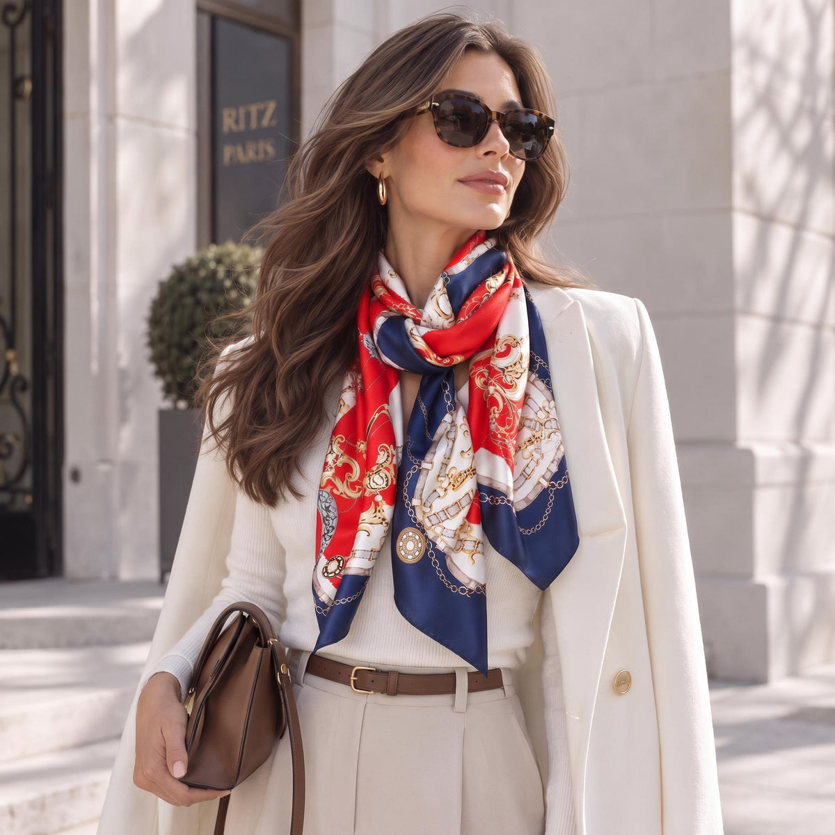 Woman wearing a long, lustrous Mulberry silk scarf with a regal red, white, and blue chain-link pattern over a white blazer.