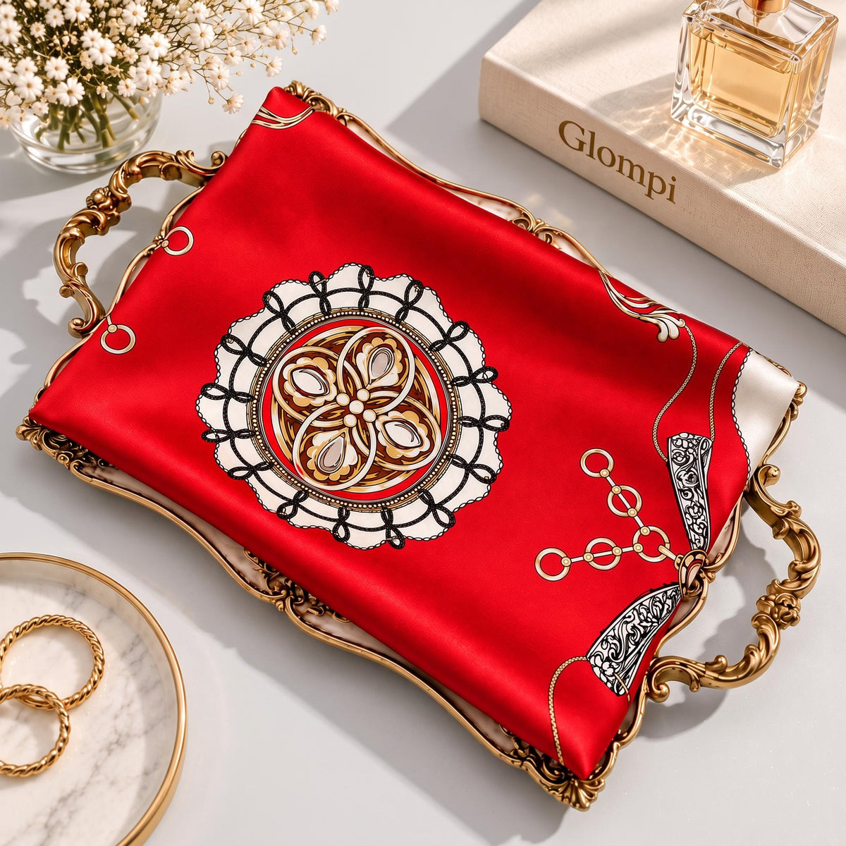 Elegant red long Mulberry silk scarf featuring a regal circular pattern and gold chain motifs, displayed on a decorative tray.