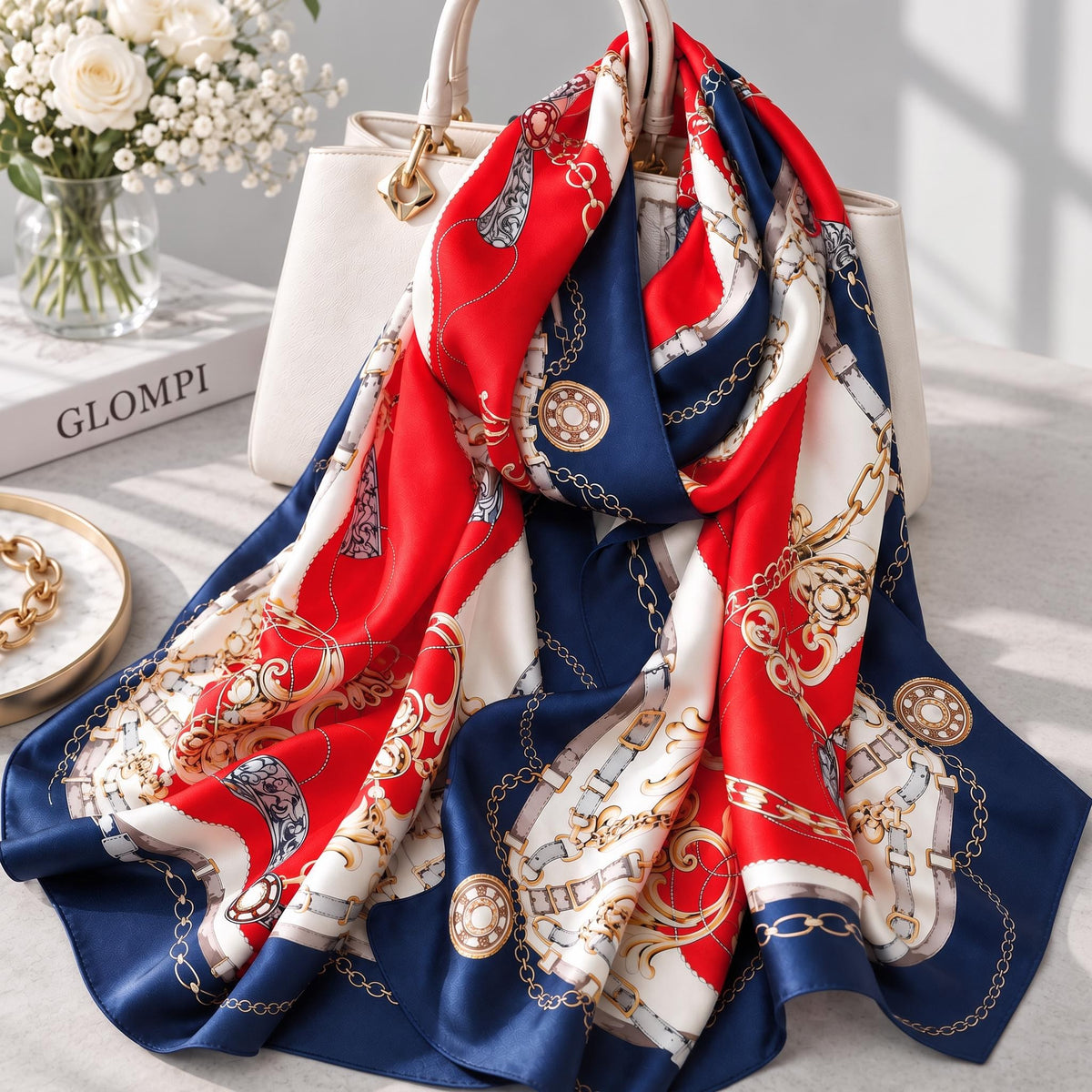 Long rectangular Mulberry silk scarf in red, white, and blue with a regal gold chain and buckle pattern draped on a white bag.