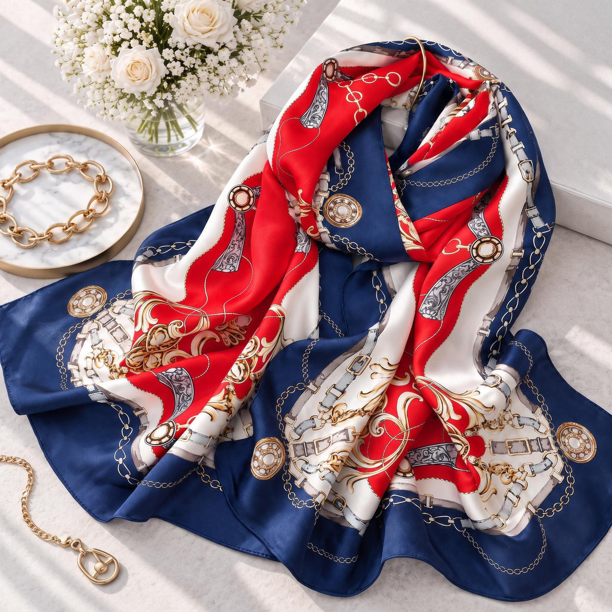 Long rectangular Mulberry silk scarf in red, white, and navy blue with a luxurious regal chain and buckle print.