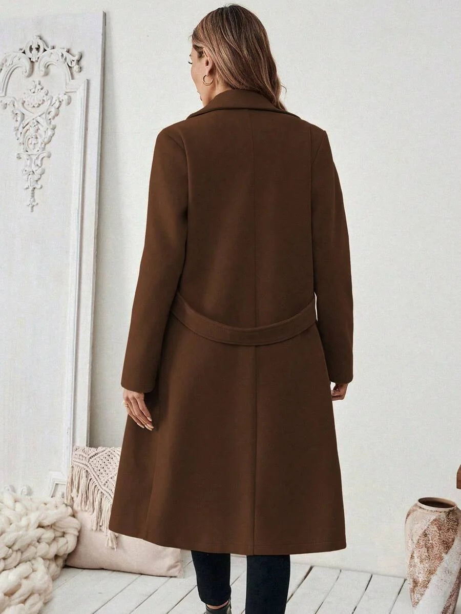 Elegant Long Wool Coat with Belted Waist and Side Pockets 1