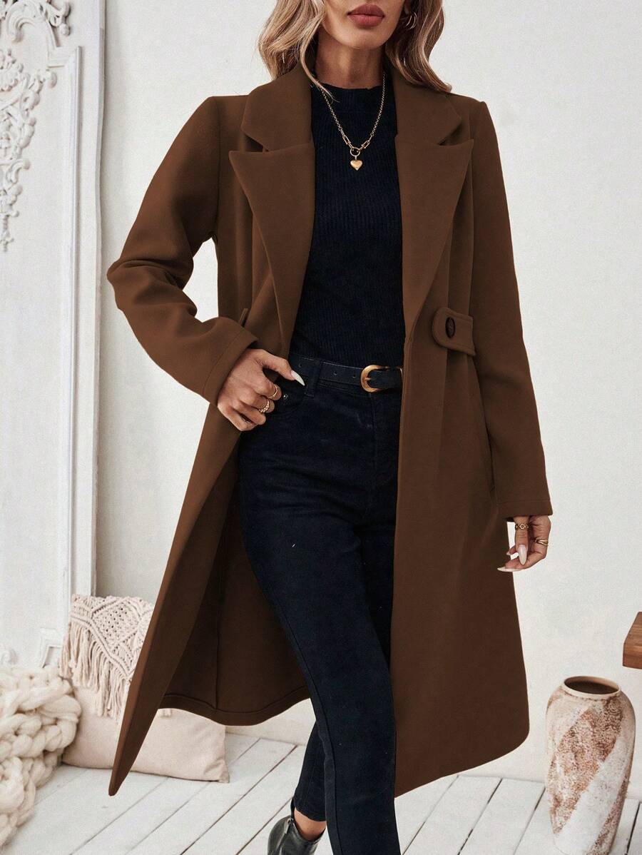 Elegant Long Wool Coat with Belted Waist and Side Pockets 2