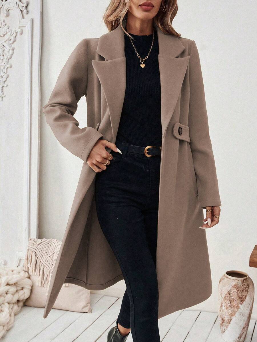 Elegant Long Wool Coat with Belted Waist and Side Pockets 5