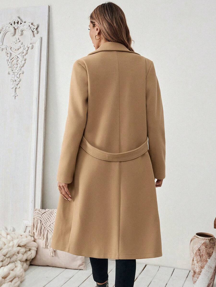 Elegant Long Wool Coat with Belted Waist and Side Pockets 7