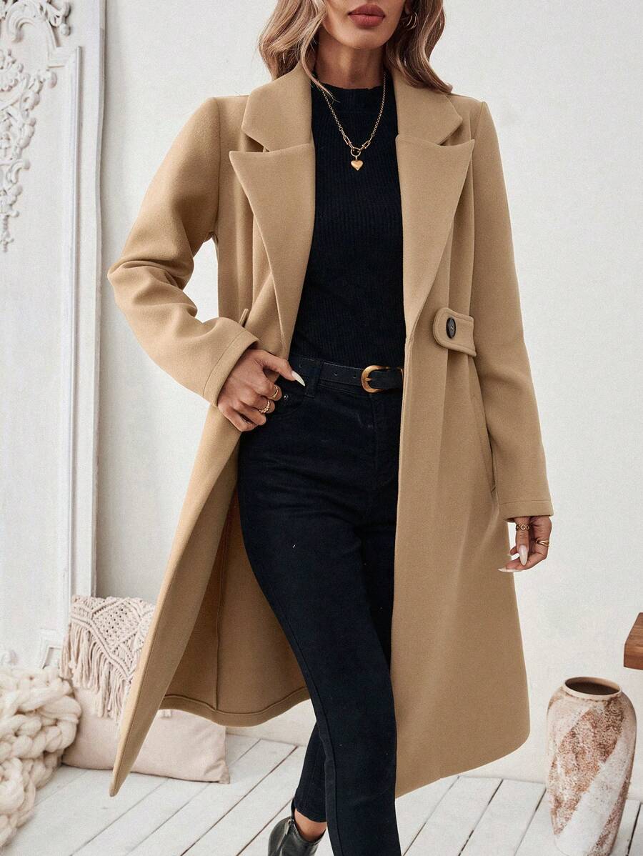 Elegant Long Wool Coat with Belted Waist and Side Pockets 8