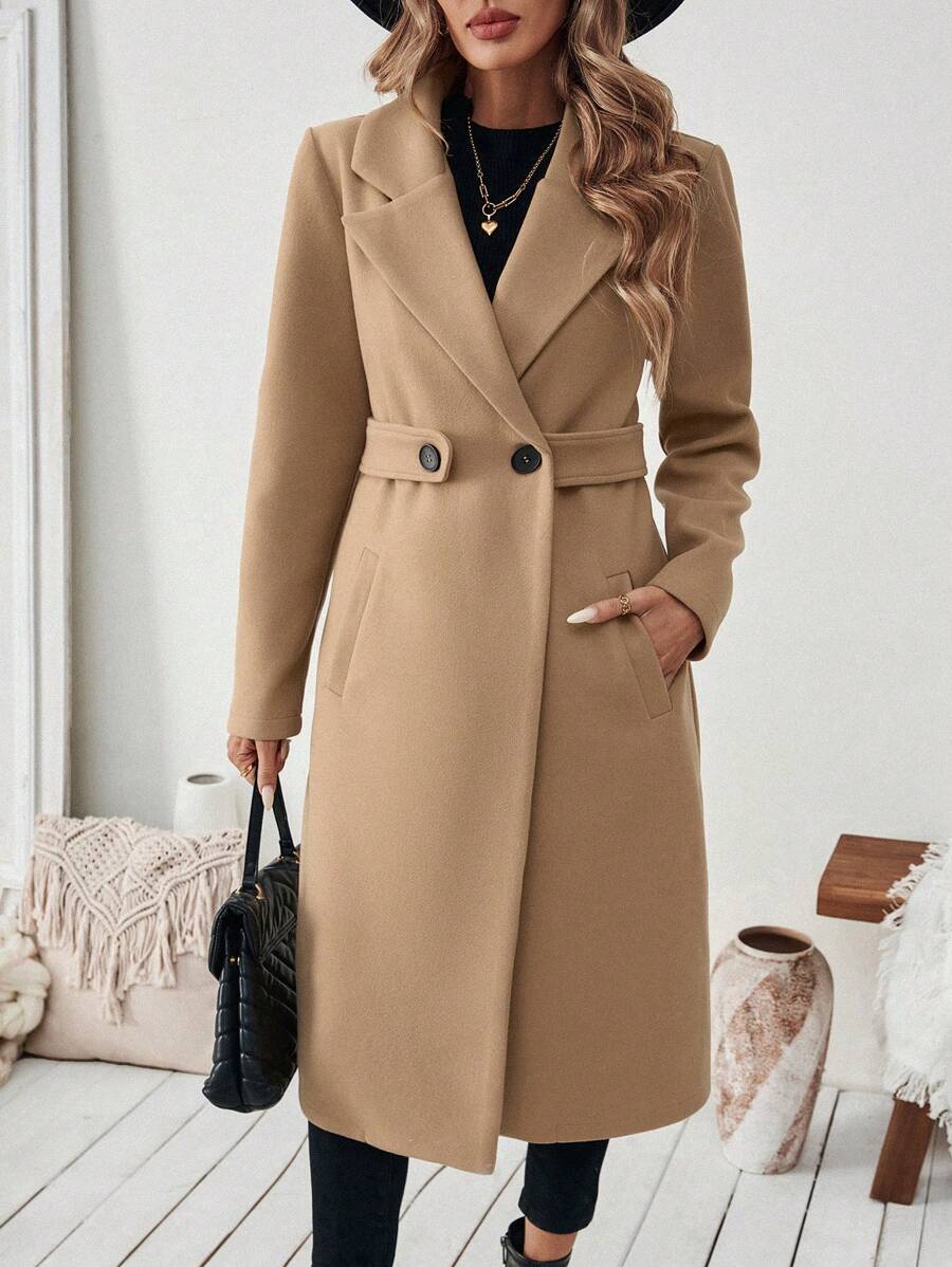 Elegant Long Wool Coat with Belted Waist and Side Pockets 6