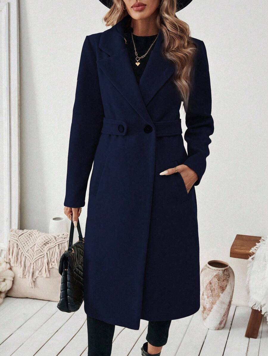 Elegant Long Wool Coat with Belted Waist and Side Pockets 10