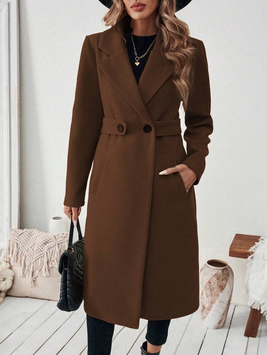 Elegant Long Wool Coat with Belted Waist and Side Pockets 0
