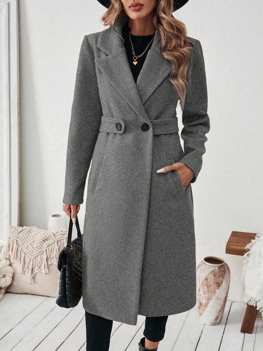 Elegant Long Wool Coat with Belted Waist and Side Pockets 9