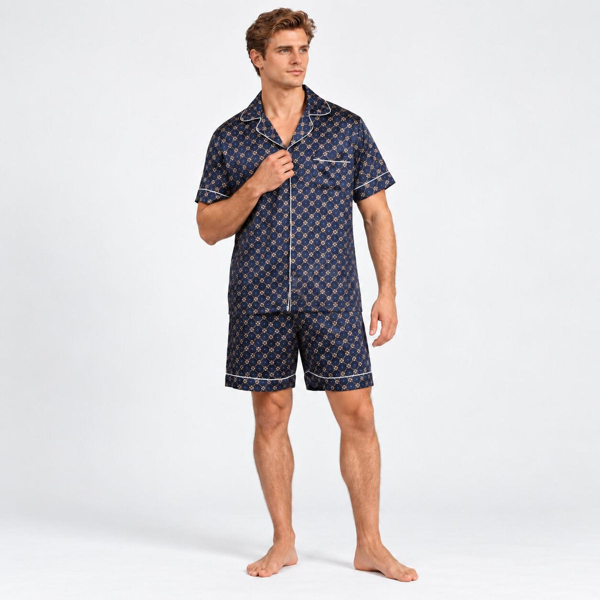 Elegant Mulberry Silk Pajama Set for Men with Chain Print-Men's Pajamas-Glompi-Glompi