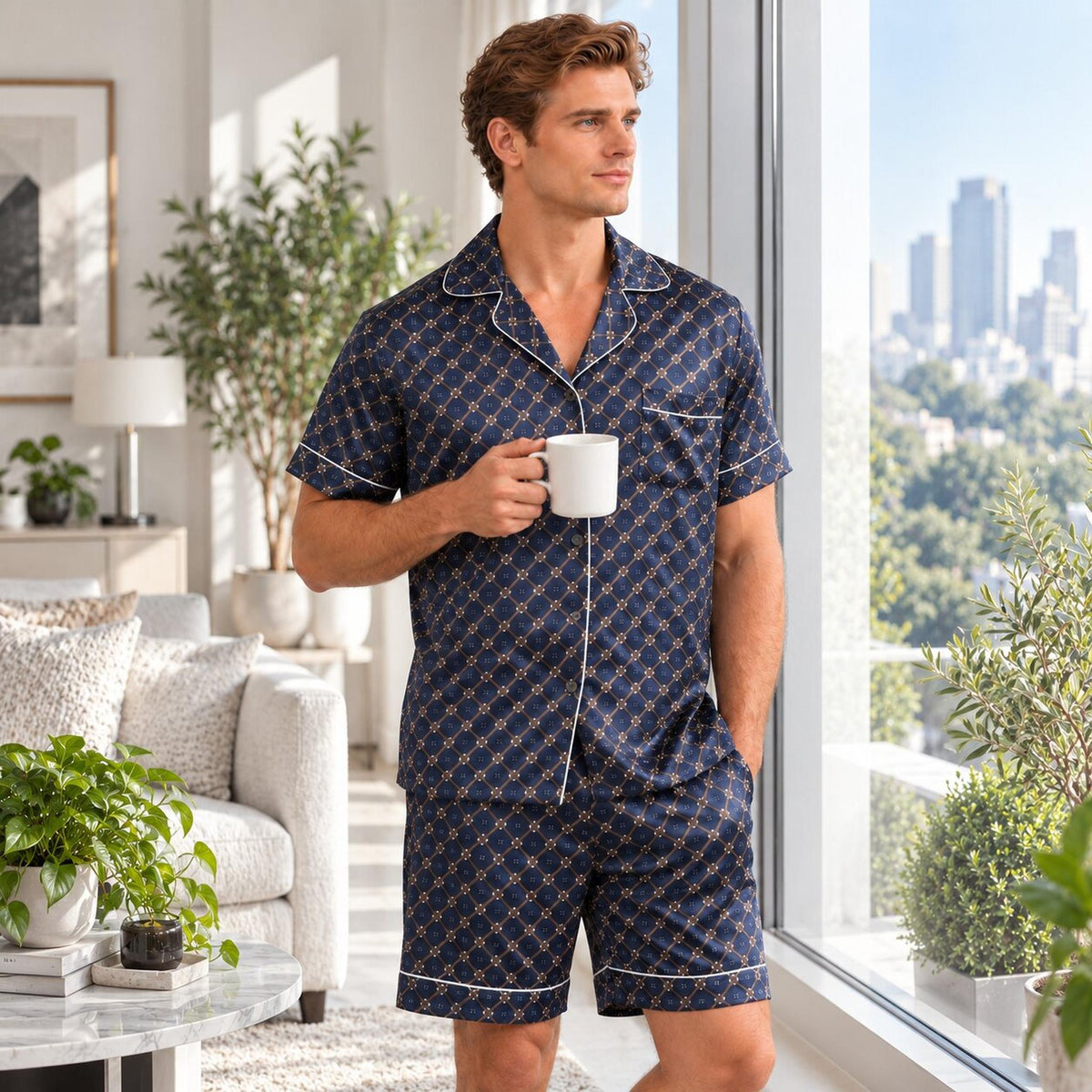 Elegant Mulberry Silk Pajama Set for Men with Chain Print-Men's Pajamas-Glompi-Glompi