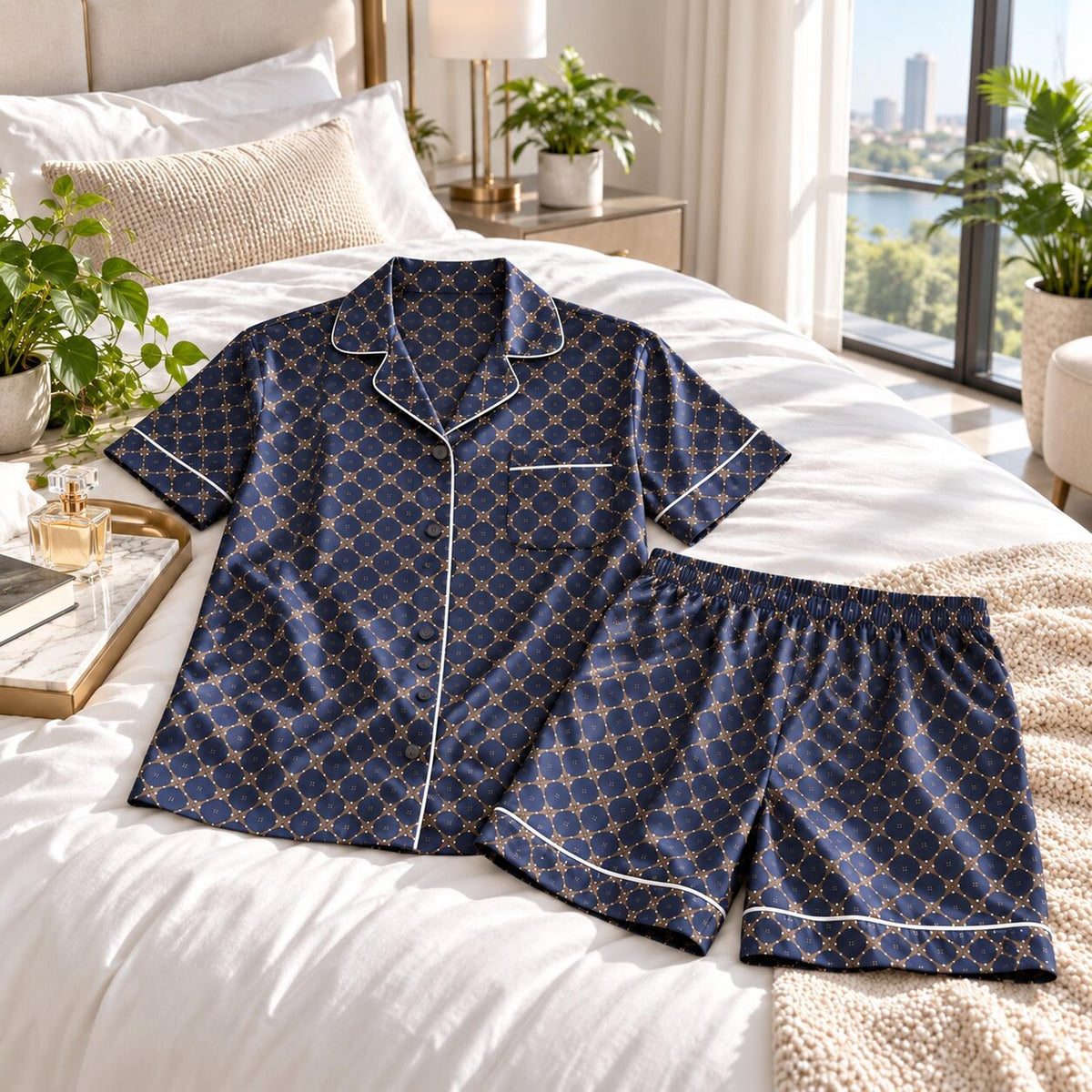 Elegant Mulberry Silk Pajama Set for Men with Chain Print-Men's Pajamas-Glompi-Glompi
