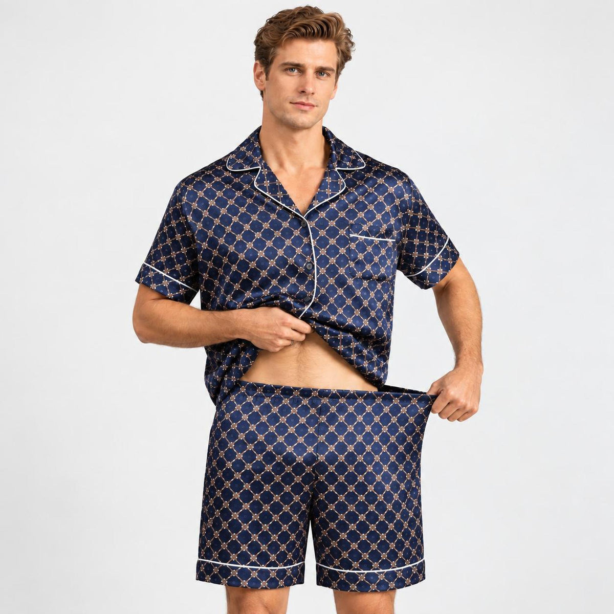 Elegant Mulberry Silk Pajama Set for Men with Chain Print-Men's Pajamas-Glompi-Glompi