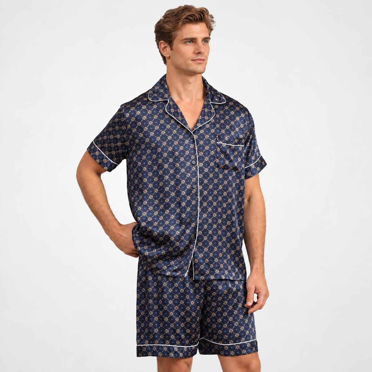 Elegant Mulberry Silk Pajama Set for Men with Chain Print-Men's Pajamas-Glompi-Small-Glompi