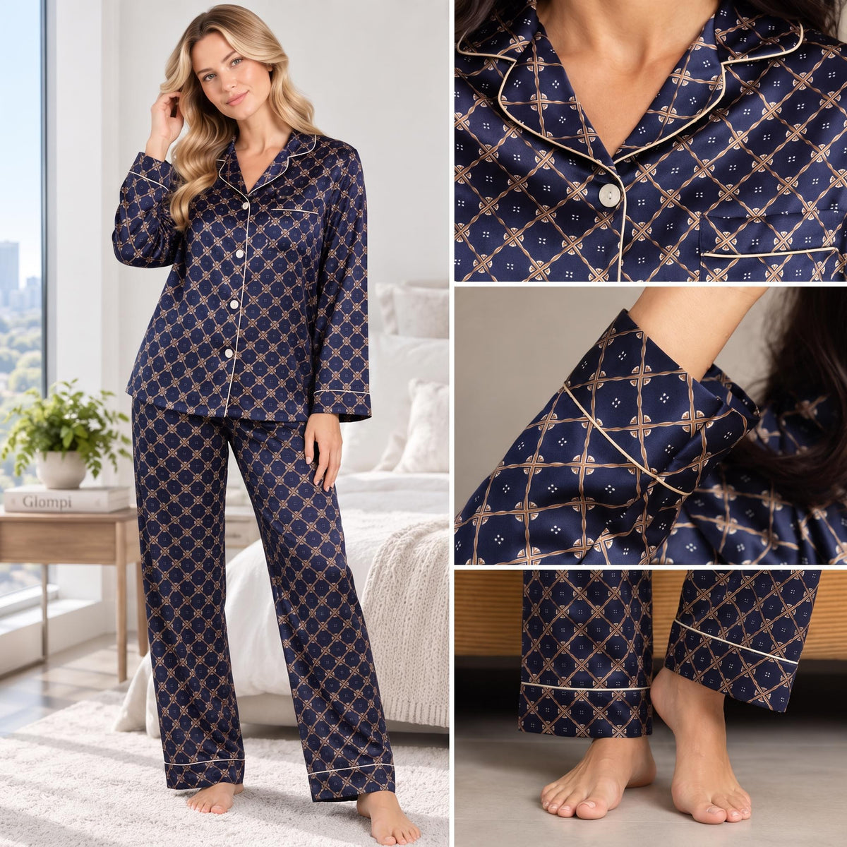 Woman wearing a navy blue mulberry silk pajama set with a geometric print, notched collar, and white piping trim.