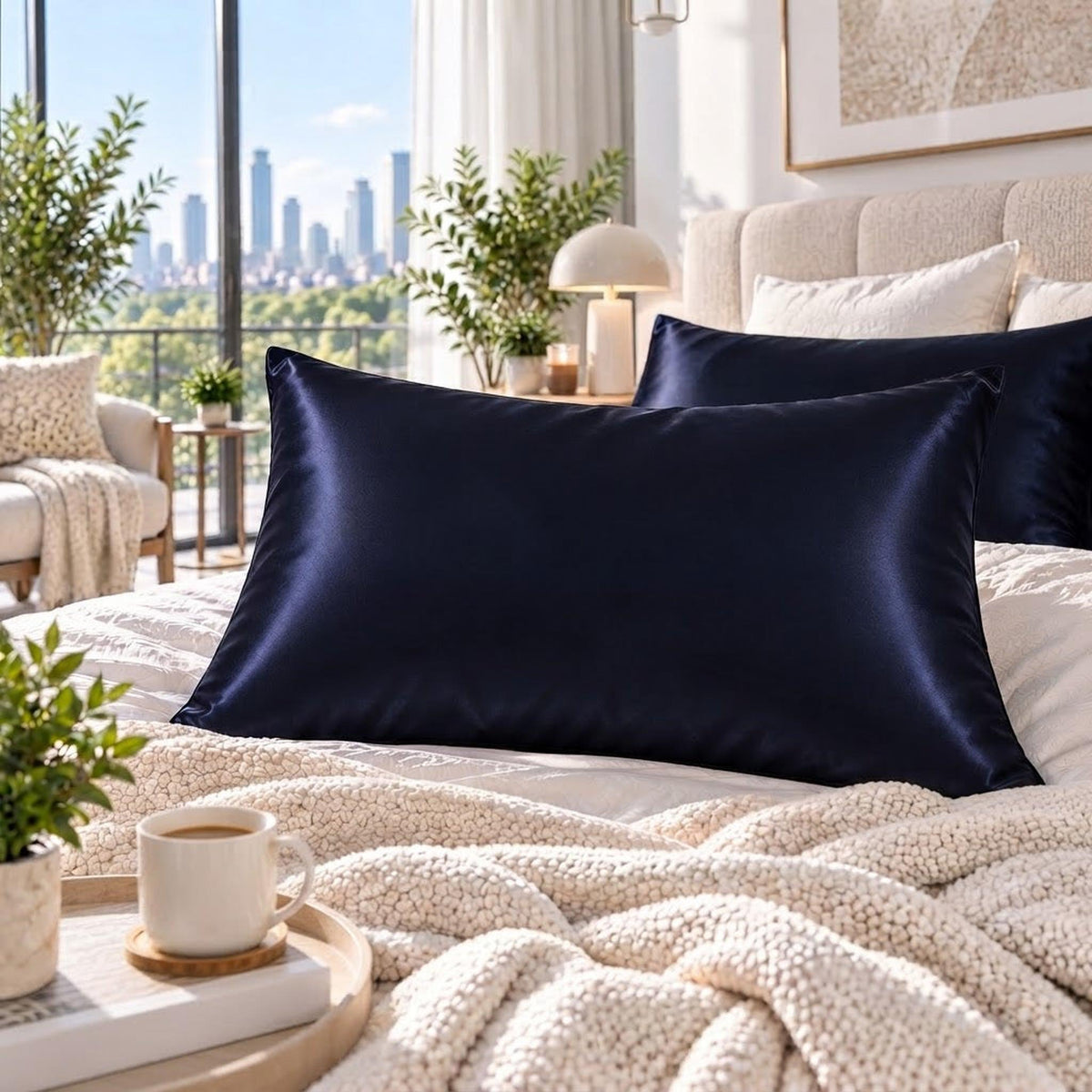 Glossy navy blue mulberry silk pillowcase with an envelope closure, styled on a plush bed in a modern bedroom.