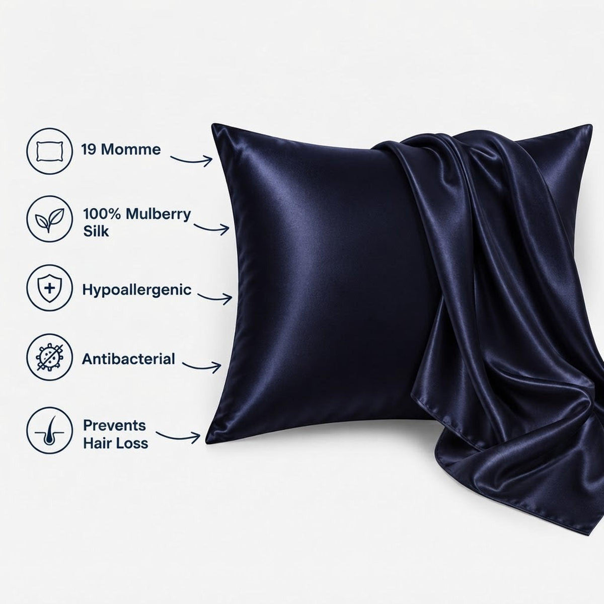 Glossy navy blue 100% mulberry silk pillowcase with envelope closure and infographic labels highlighting key benefits.