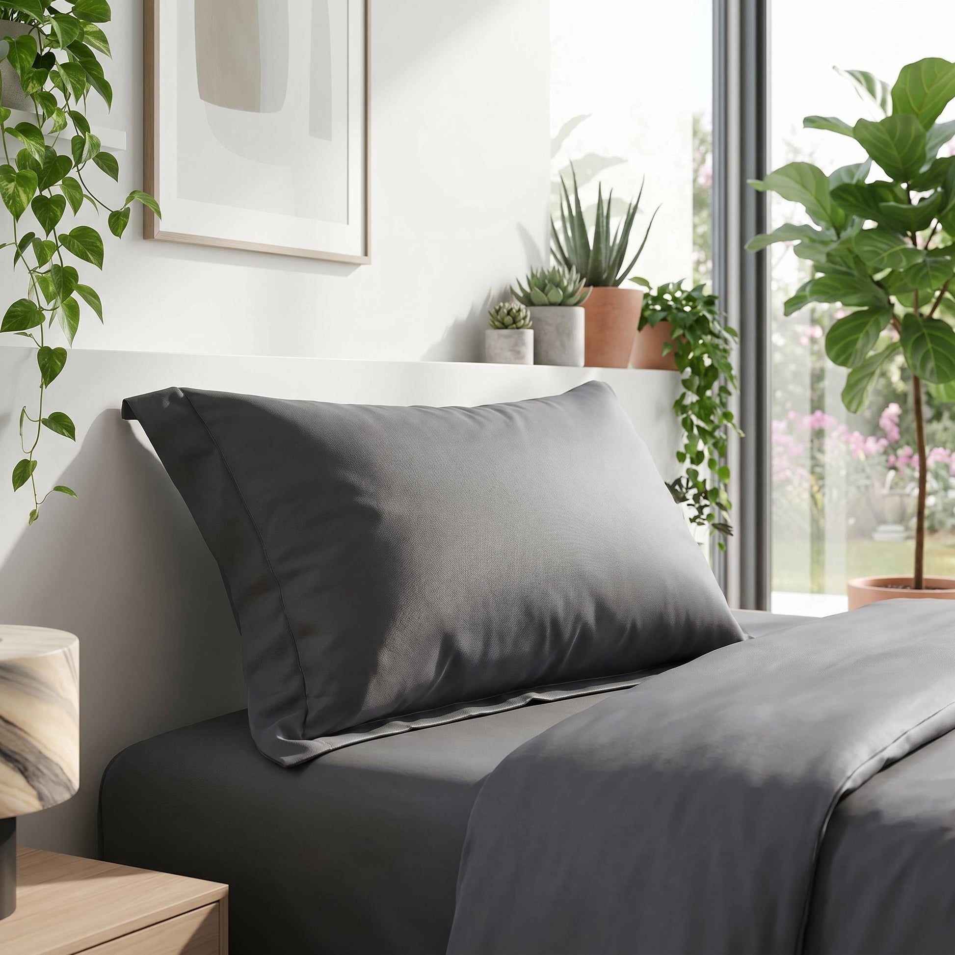 Dark gray organic cotton bedding set with a sateen weave, including a pillowcase and duvet cover, on a bed.