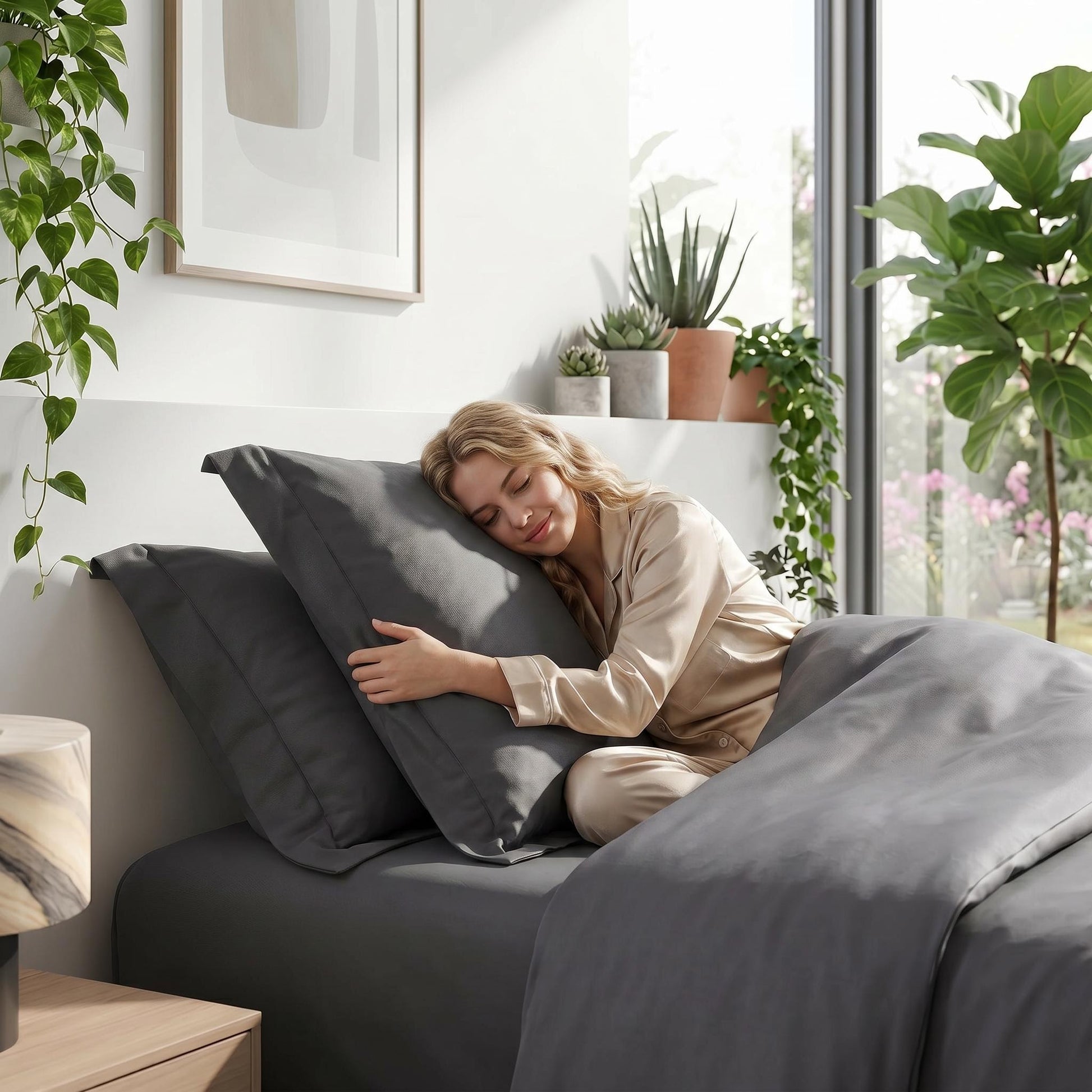Blonde woman sleeping soundly on a luxurious dark gray organic cotton bedding set with sateen weave.