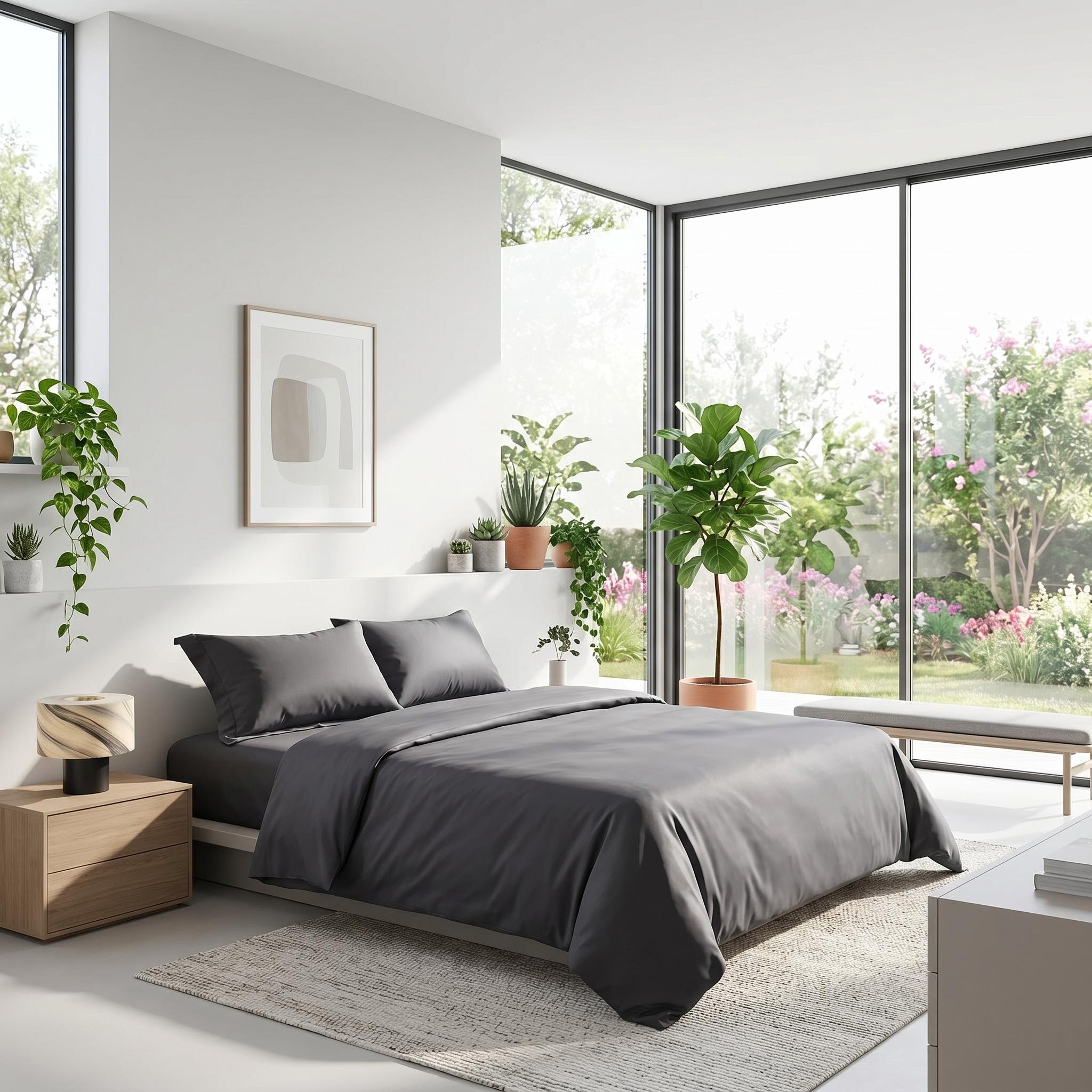 Elegant dark gray organic cotton bedding set with sateen weave on a bed in a bright, modern bedroom.