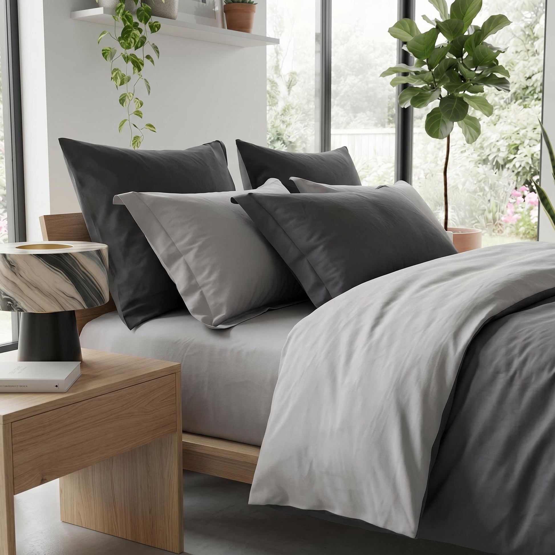 Elegant organic cotton bedding set with dark gray and light gray duvet cover, flat sheet, and pillowcases on a wooden bed.
