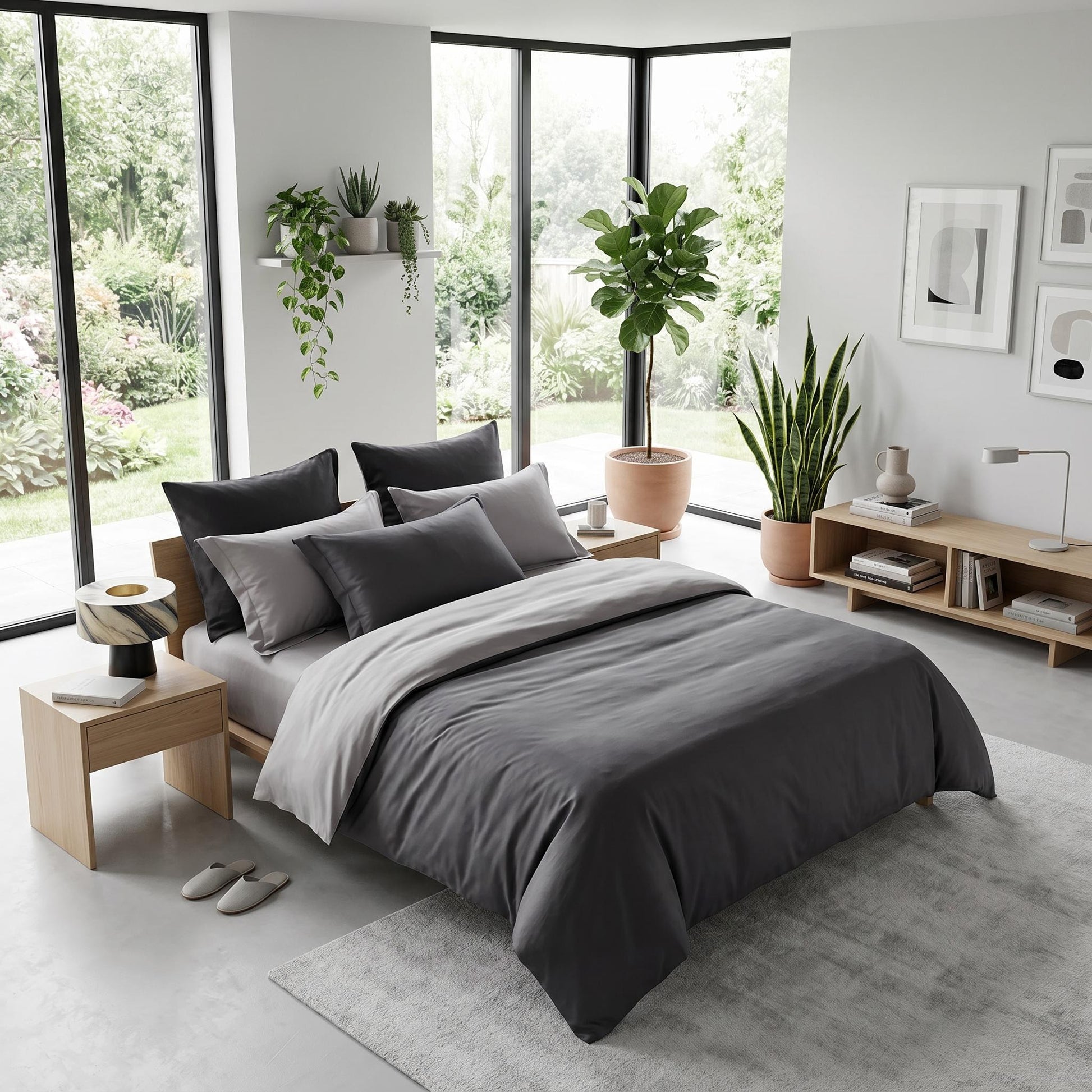 Elegant organic cotton bedding set in dark and light gray sateen, on a wooden bed in a bright bedroom.