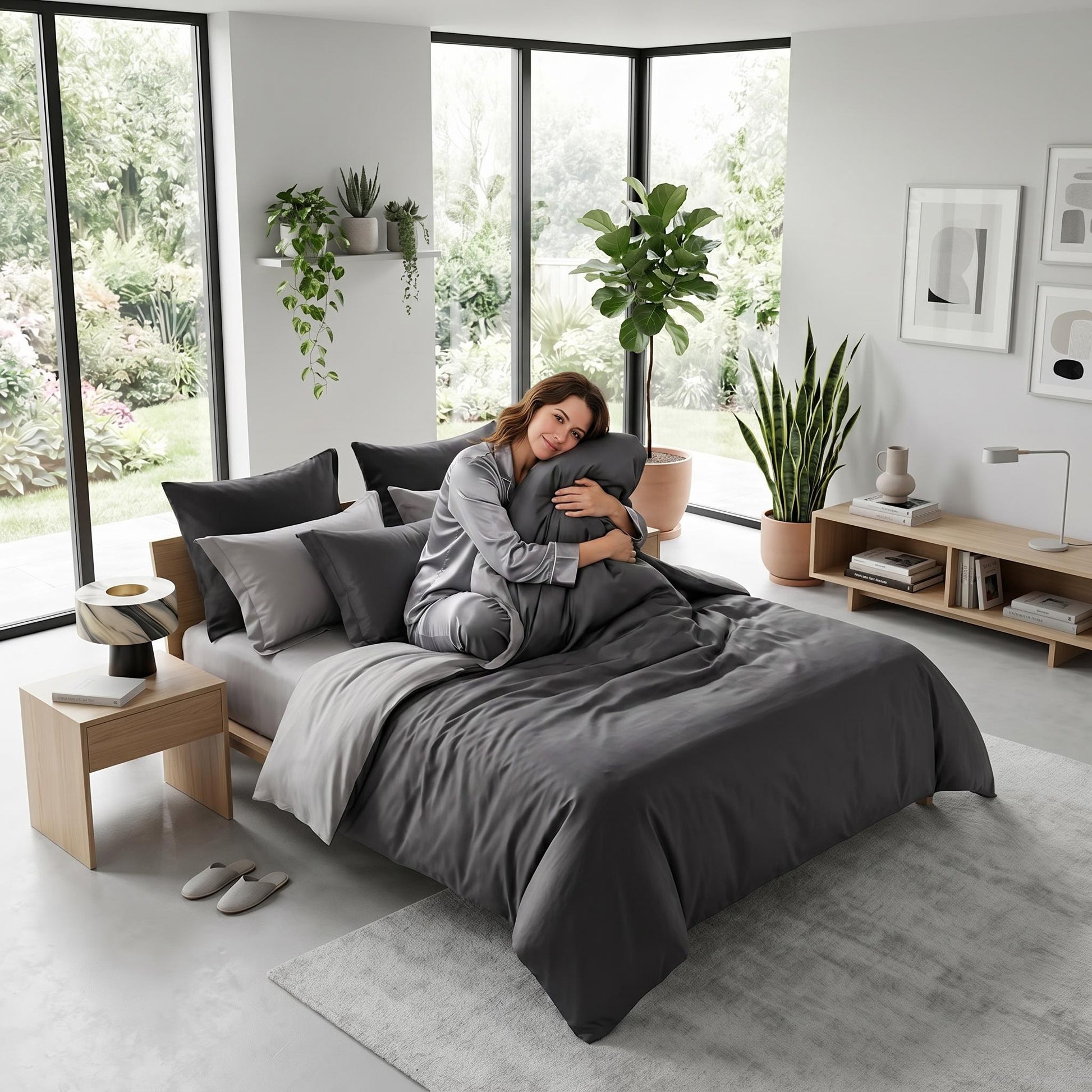 Woman in grey pajamas on a bed with elegant dark grey organic cotton sateen bedding set.