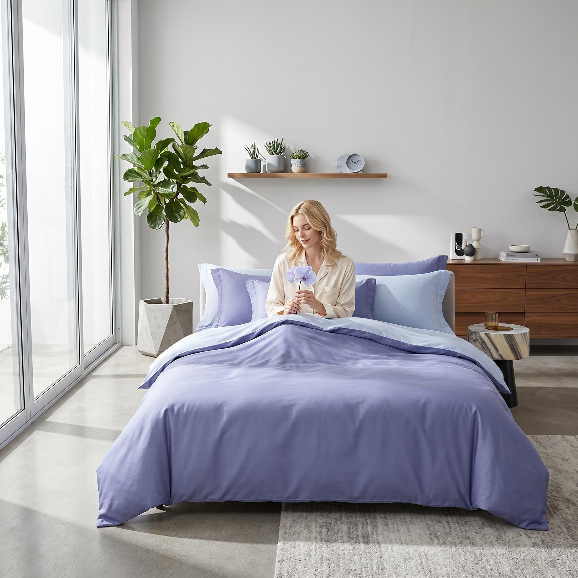 Elegant lavender organic cotton bedding set with a sateen weave, featuring a duvet cover, sheets, and pillowcases.