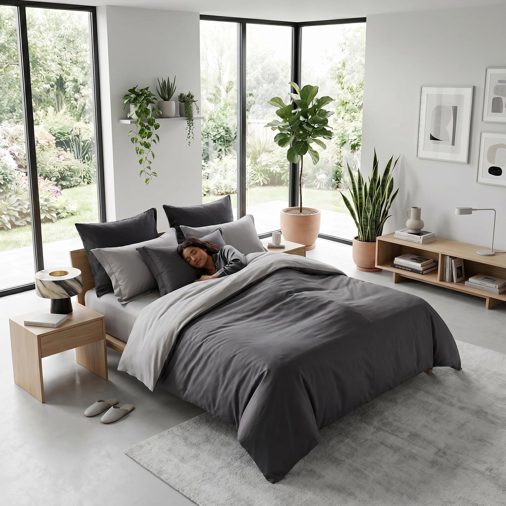 Elegant organic cotton bedding set in charcoal and light gray sateen, with a person sleeping comfortably.