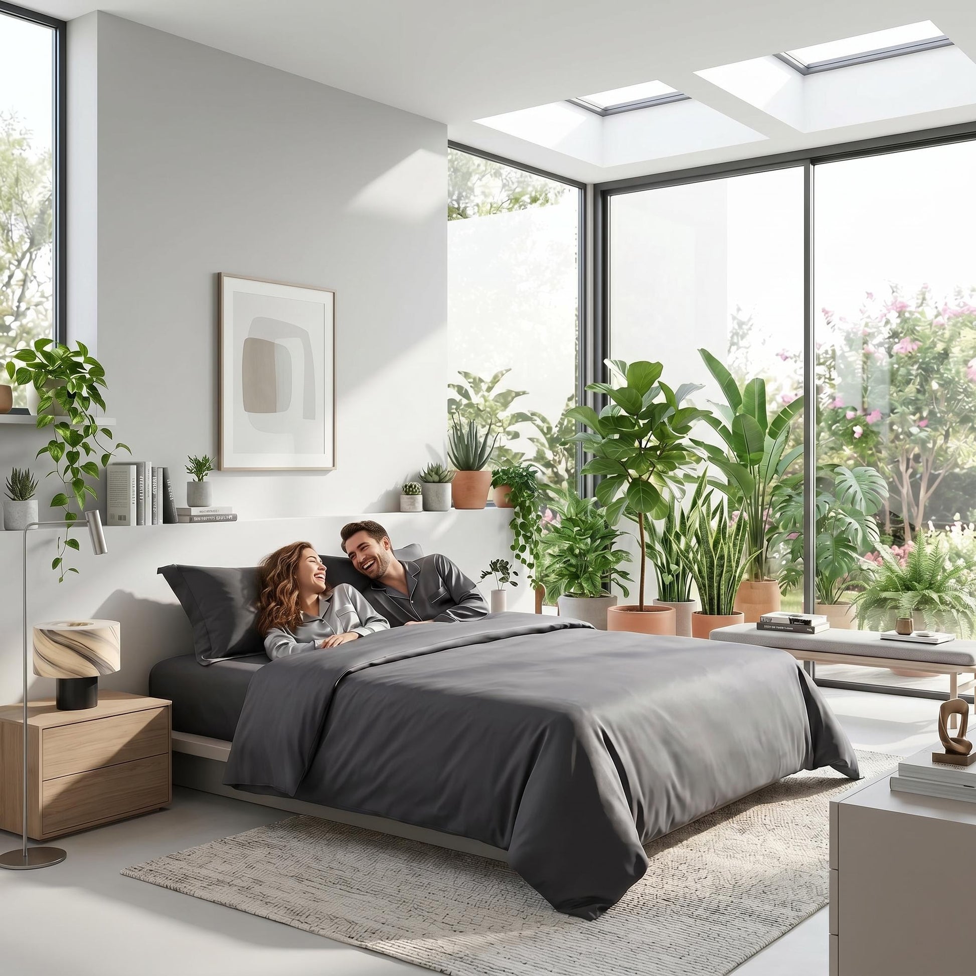 Elegant organic cotton bedding set in dark grey, featuring a soft sateen duvet cover and pillowcases on a bed with a couple.