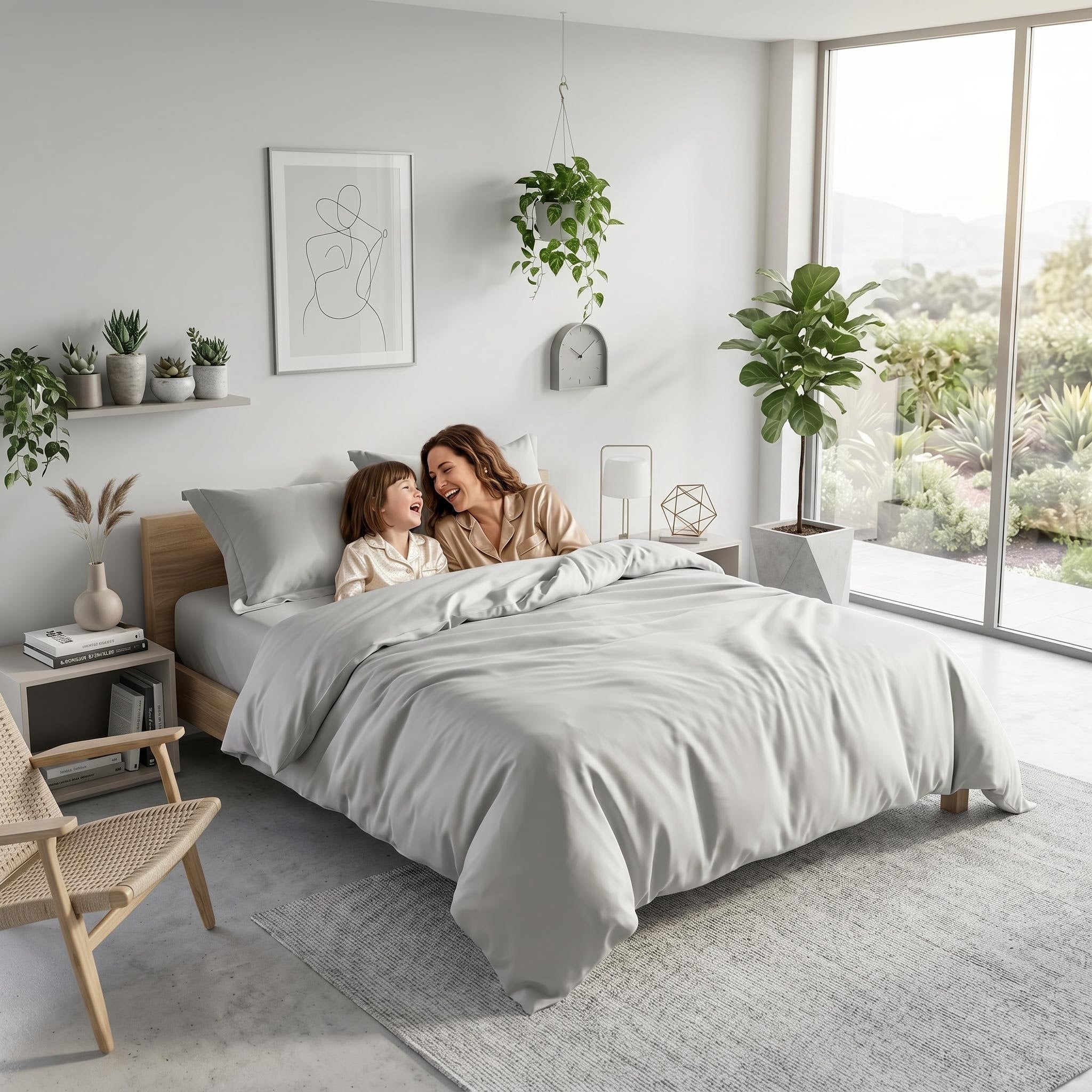 Elegant light gray organic cotton bedding set on a bed with a mother and child laughing.
