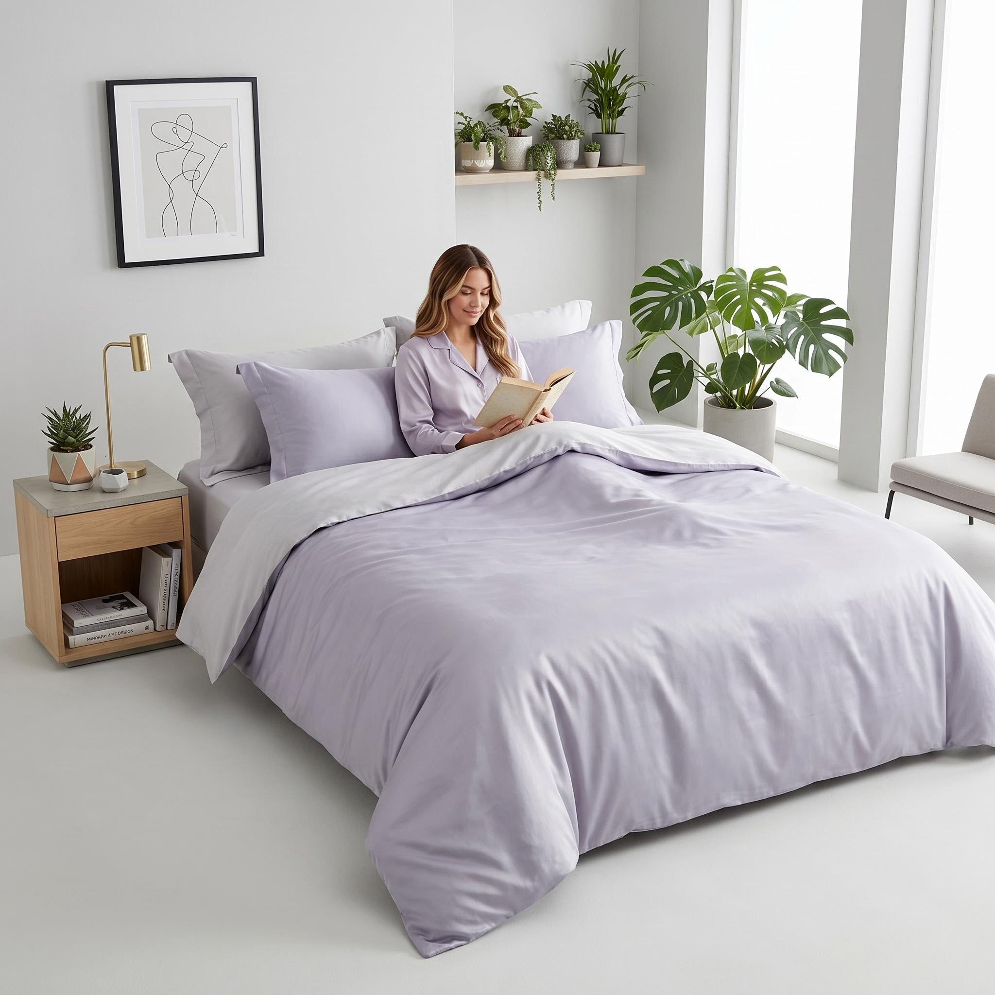 Elegant lavender organic cotton bedding set with a sateen duvet cover, flat sheet, and pillowcases.